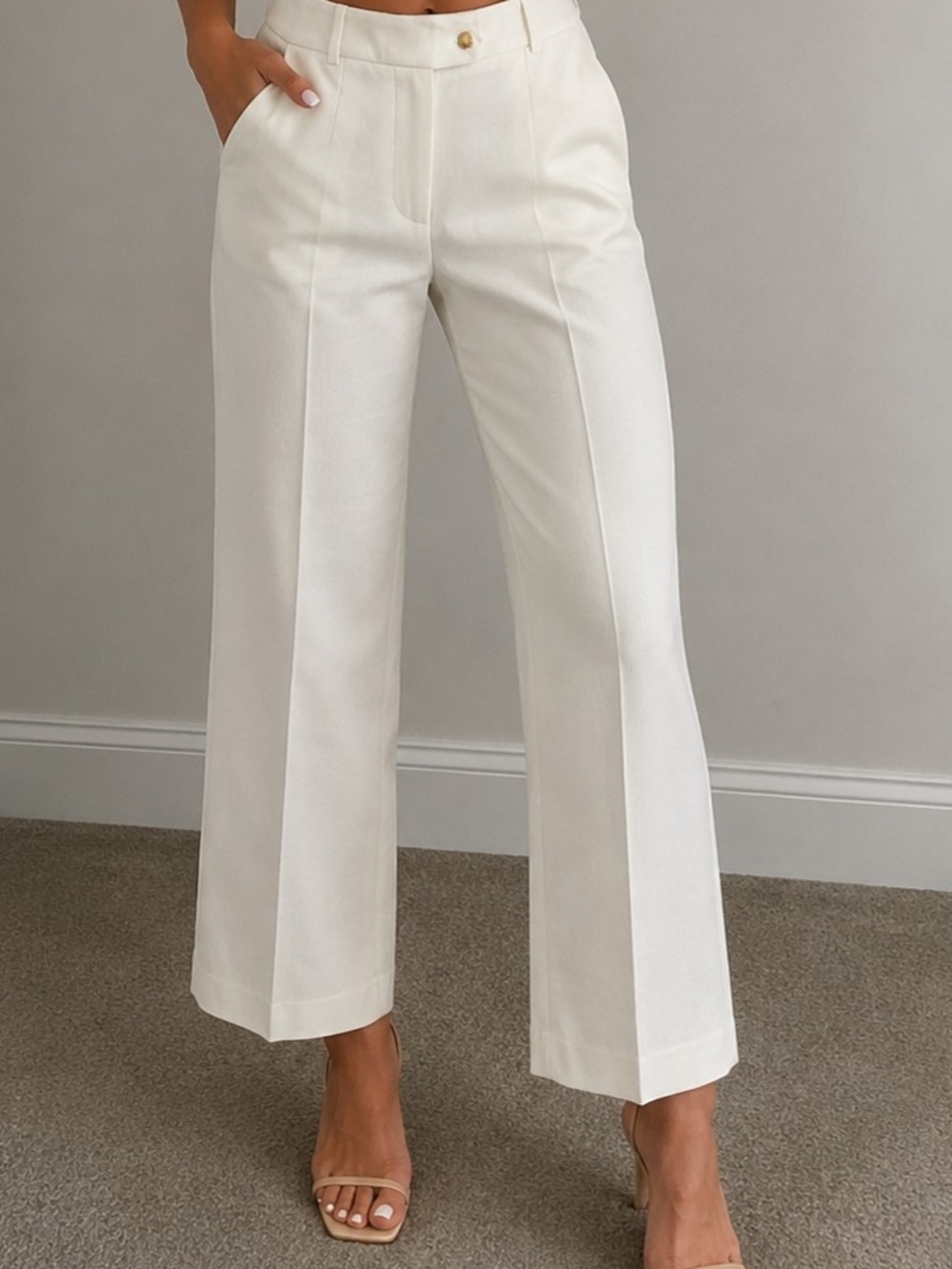 Calvin Klein Cream Wide-Leg High-Rise Trousers Sz 4 Petite